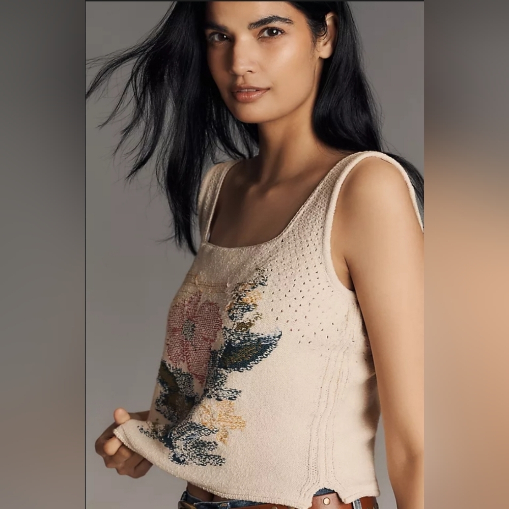 Anthropologie Floral Knit Square-Neck Tank Top - Cream with Pink Floral Size XL - Picture 2 of 8